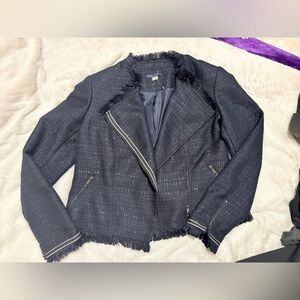Tommy Hilfiger Navy Tweed Fringe Zip-Trim Blazer